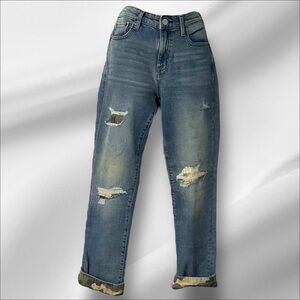 Gap1969 Blue Denim Girlfriend Jean SZ 2R Women Camo Cuff Distressed Streetwear